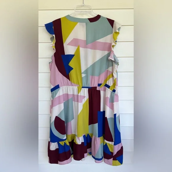 Modcloth As You Love It Blue and Yellow Abstract Ruffled Sleeve Dress Size 2X - Picture 3 of 5